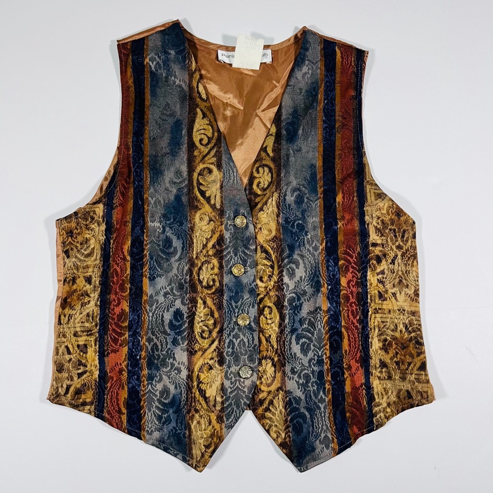 Vintage 90s Paris Sport Club Tapestry Vest Small Boho Jacquard Made USA